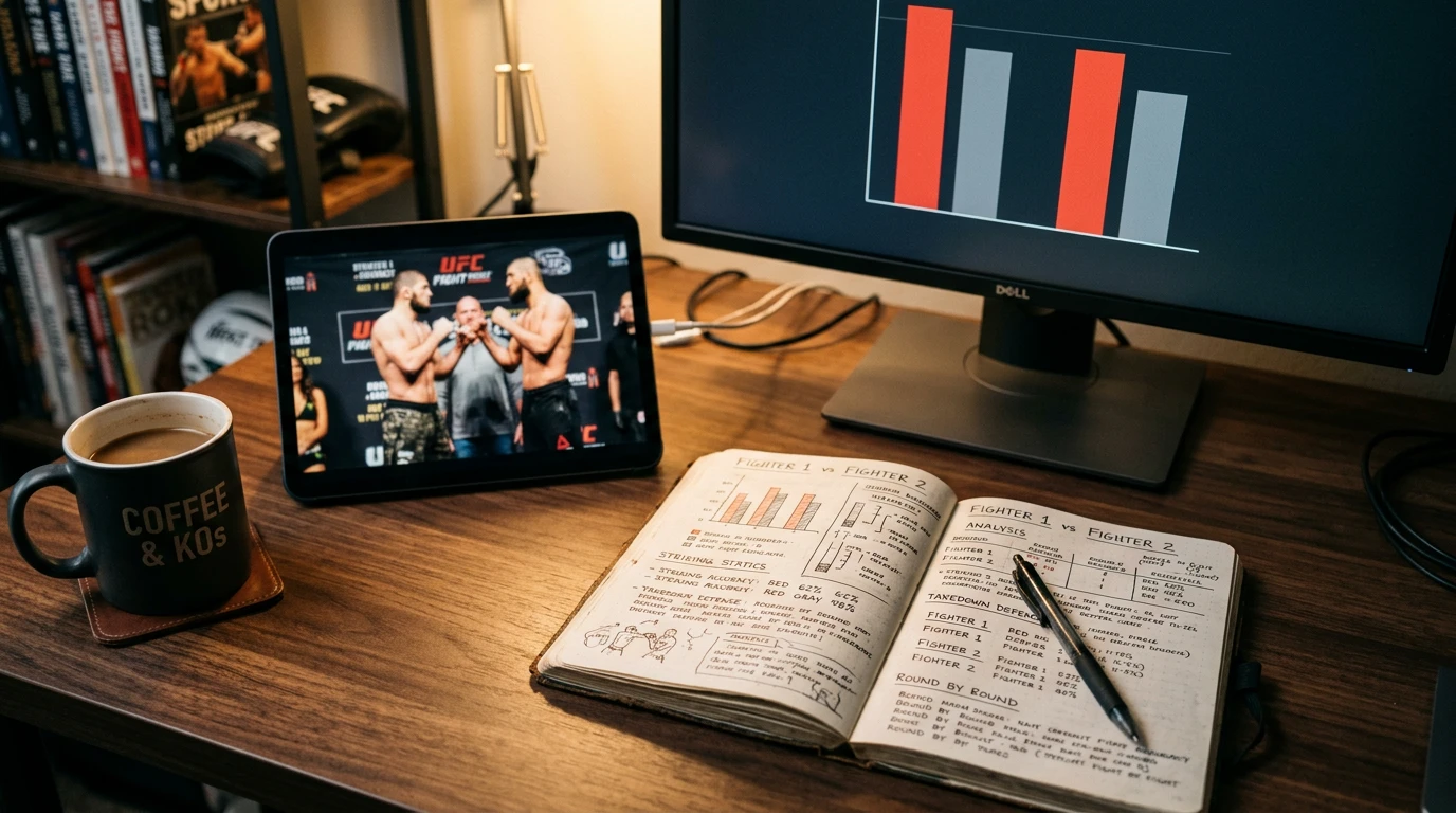 Analista revisando estadísticas de peleadores de UFC antes de una apuesta