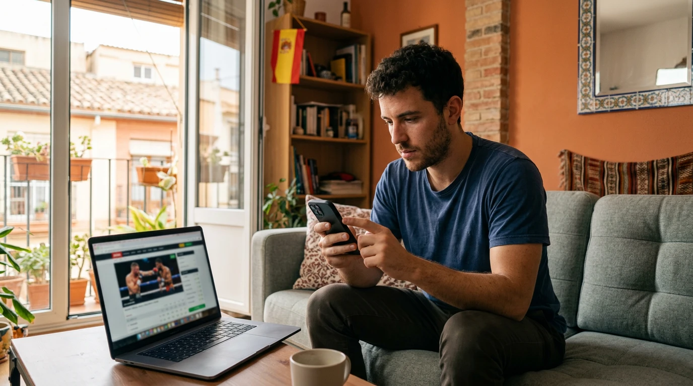 Apostador en España usando aplicación móvil para apostar en peleas de UFC