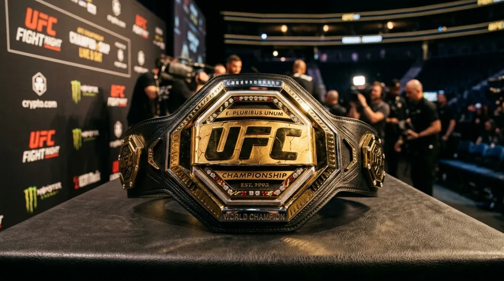 Cinturón de campeón de UFC sobre una mesa junto a una pantalla con cuotas de apuestas