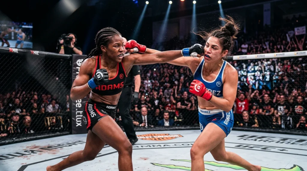 Dos peleadoras de MMA intercambiando golpes dentro del octágono de UFC