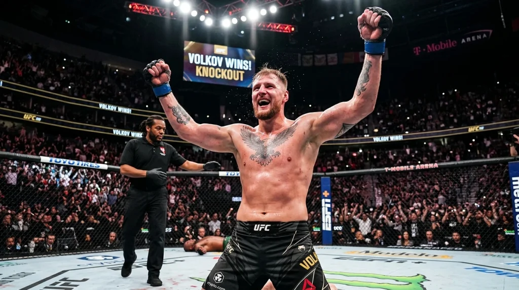 Peleador de peso pesado de MMA celebrando un nocaut en el octágono de UFC