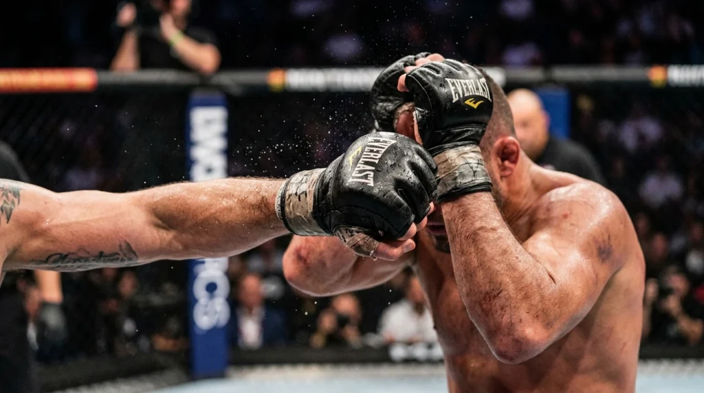 Primer plano de guantes de MMA durante un combate de UFC con golpes significativos