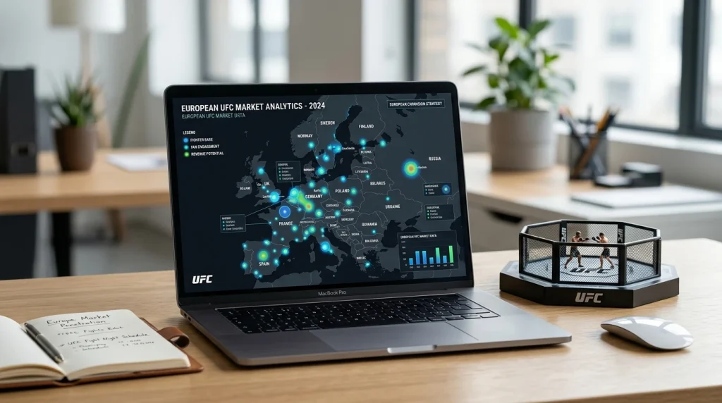 Mapa de Europa iluminado en una pantalla junto a un octágono de UFC en miniatura