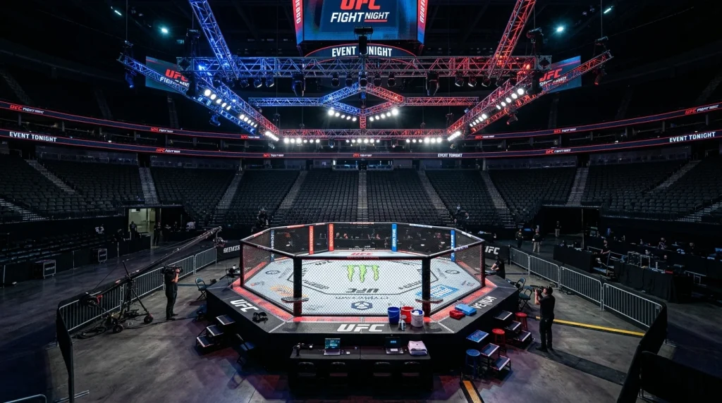 Cartelera de evento UFC Fight Night con el octágono iluminado antes de las peleas