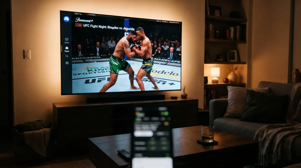 Pantalla de televisión mostrando un combate de UFC con el logo de Paramount Plus en la esquina