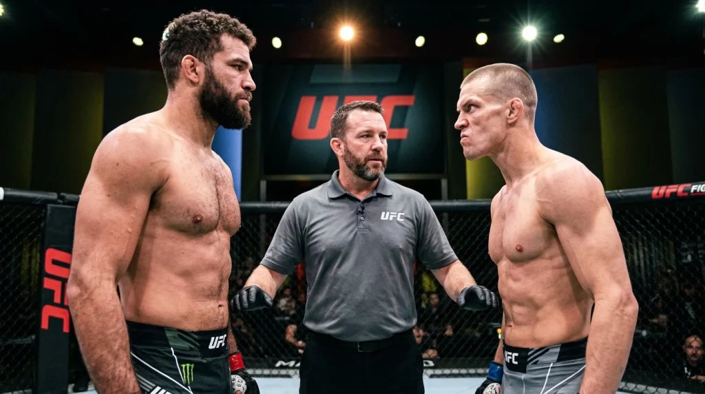 Dos peleadores de MMA en el octágono, uno señalado como favorito y otro como underdog