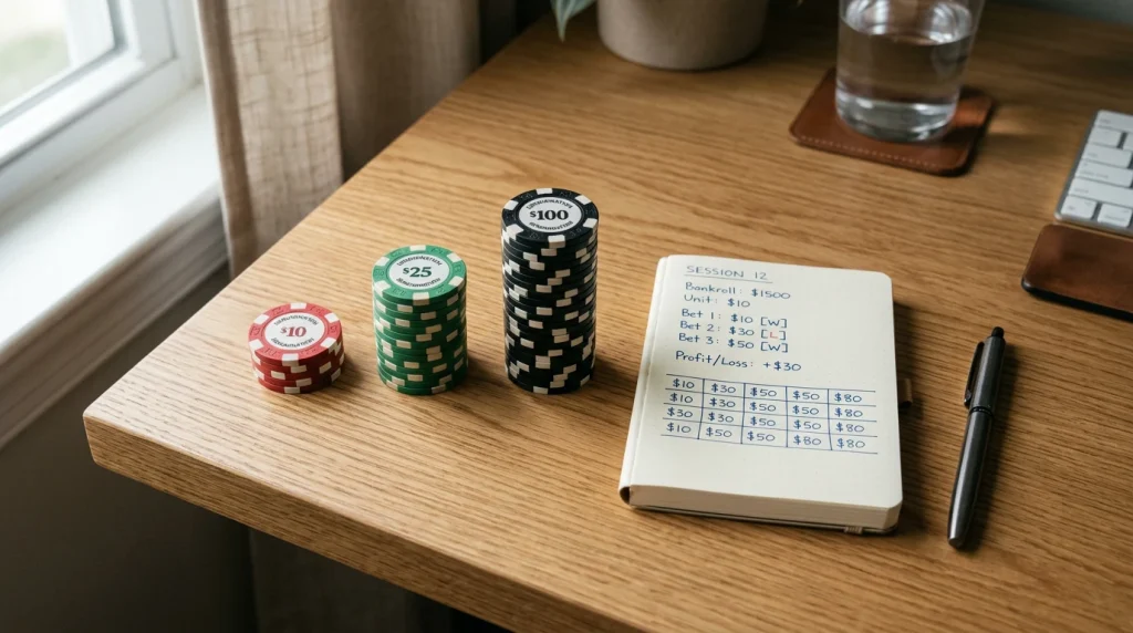Fichas de apuestas deportivas organizadas en pilas de diferentes tamaños sobre una mesa