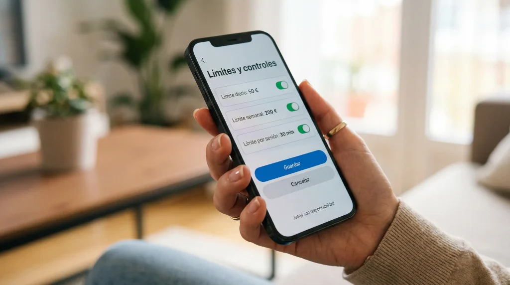 Mano de persona configurando límites de apuesta en la pantalla de un teléfono móvil