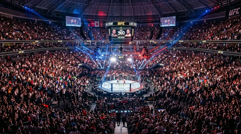 Octágono de UFC visto desde arriba con gráficos de crecimiento financiero superpuestos