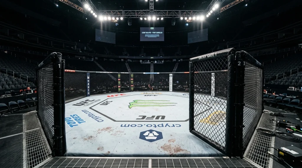 Octágono de UFC vacío con las luces encendidas y sin peleadores tras una cancelación