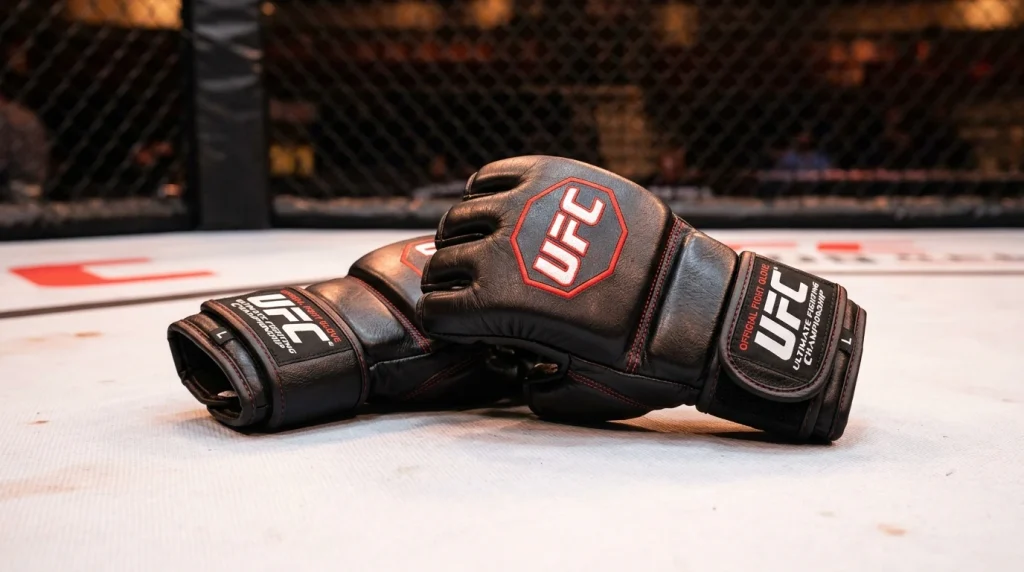 Par de guantes de MMA de la UFC sobre la lona del octágono con iluminación de evento