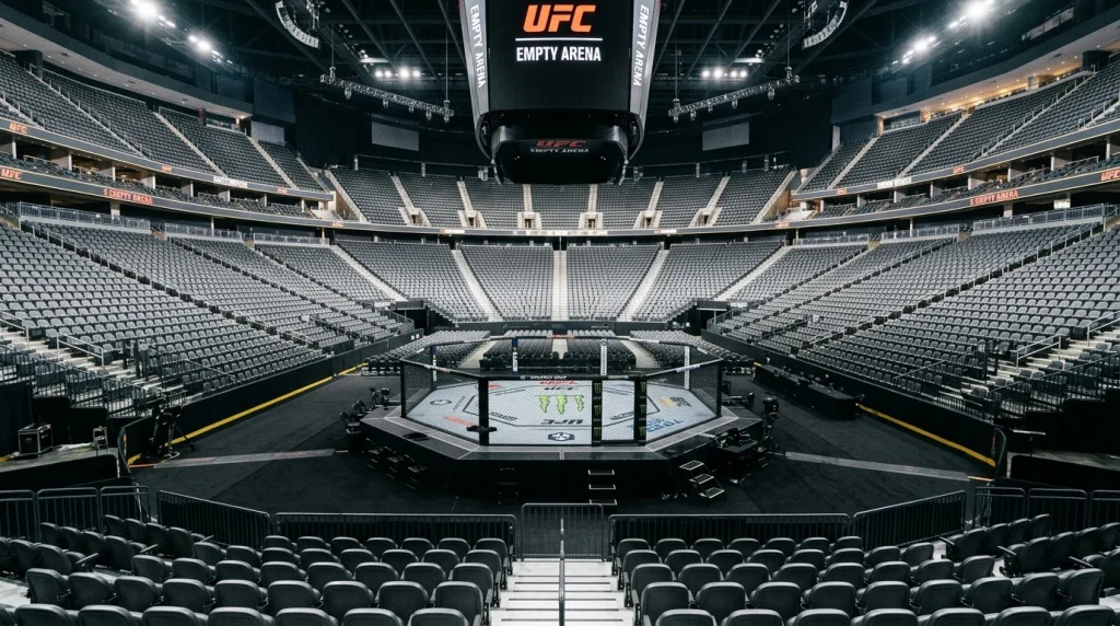 Octágono de UFC vacío sin público en las gradas durante un evento a puerta cerrada