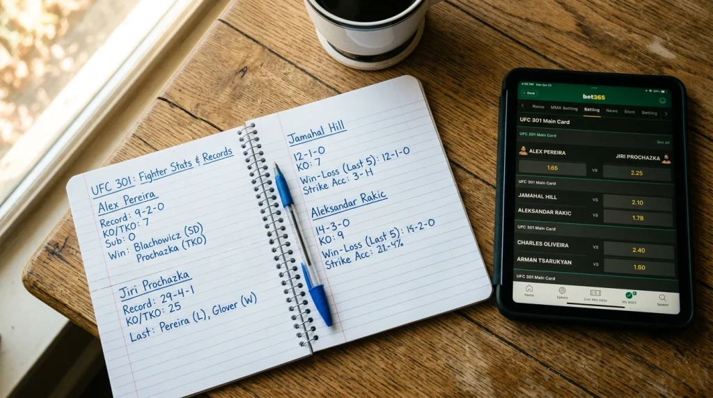 Cuaderno de notas con estadísticas de peleadores de MMA y una tablet con cuotas de apuestas