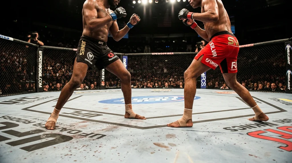 Dos peleadores de MMA en guardias opuestas frente a frente en el octágono de UFC