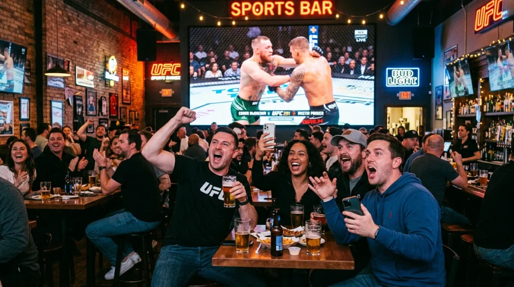Grupo de aficionados viendo un evento de UFC en una pantalla grande en un bar deportivo