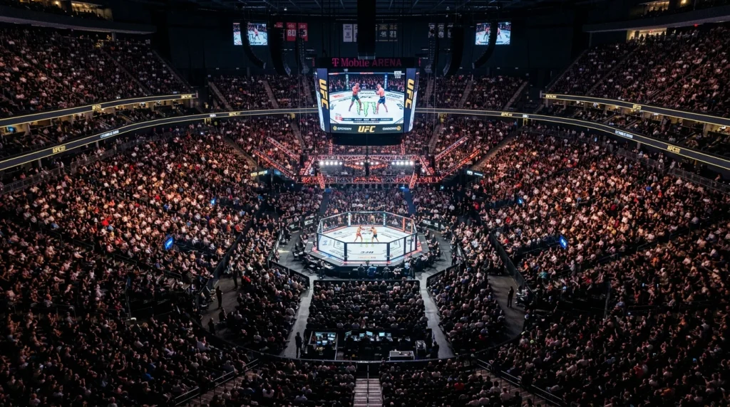 Vista aérea del octágono de UFC durante un evento con gradas llenas de espectadores